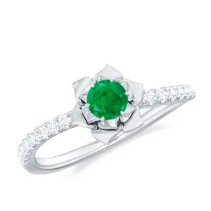 1/2 CT Emerald Flower Engagement Ring with Diamond