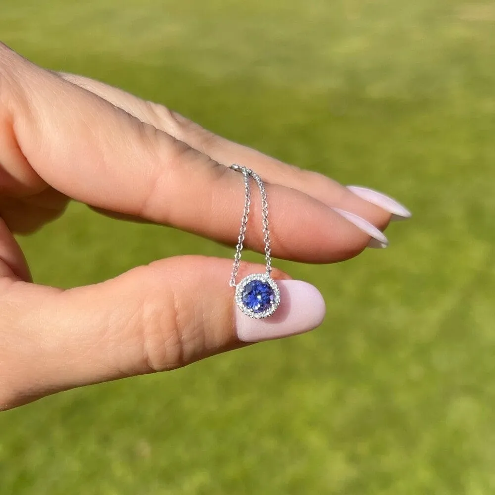 14K WG EFFY .75ct Round Tanzanite and .11tcw Diamond Halo Necklace 2.7g, 18’ Regard Jewelry