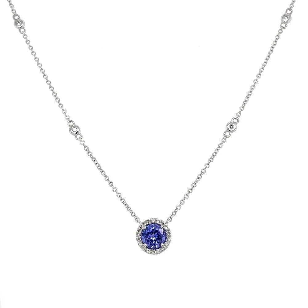 14K WG EFFY .75ct Round Tanzanite and .11tcw Diamond Halo Necklace 2.7g, 18’ Regard Jewelry