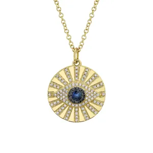 14K Yellow Gold Black and White Diamond and Blue Sapphire Evil Eye Necklace