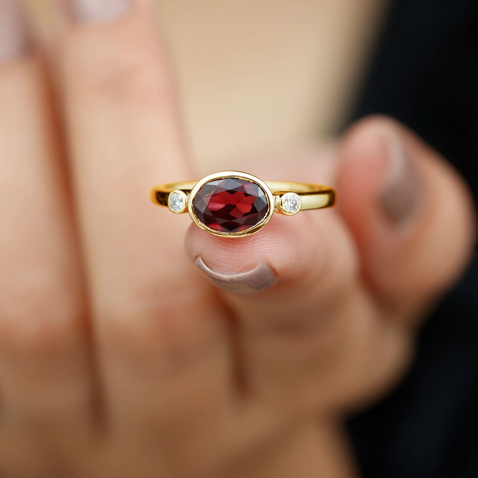 1.75 CT Oval Cut Rhodolite East West Ring with Diamond Stones