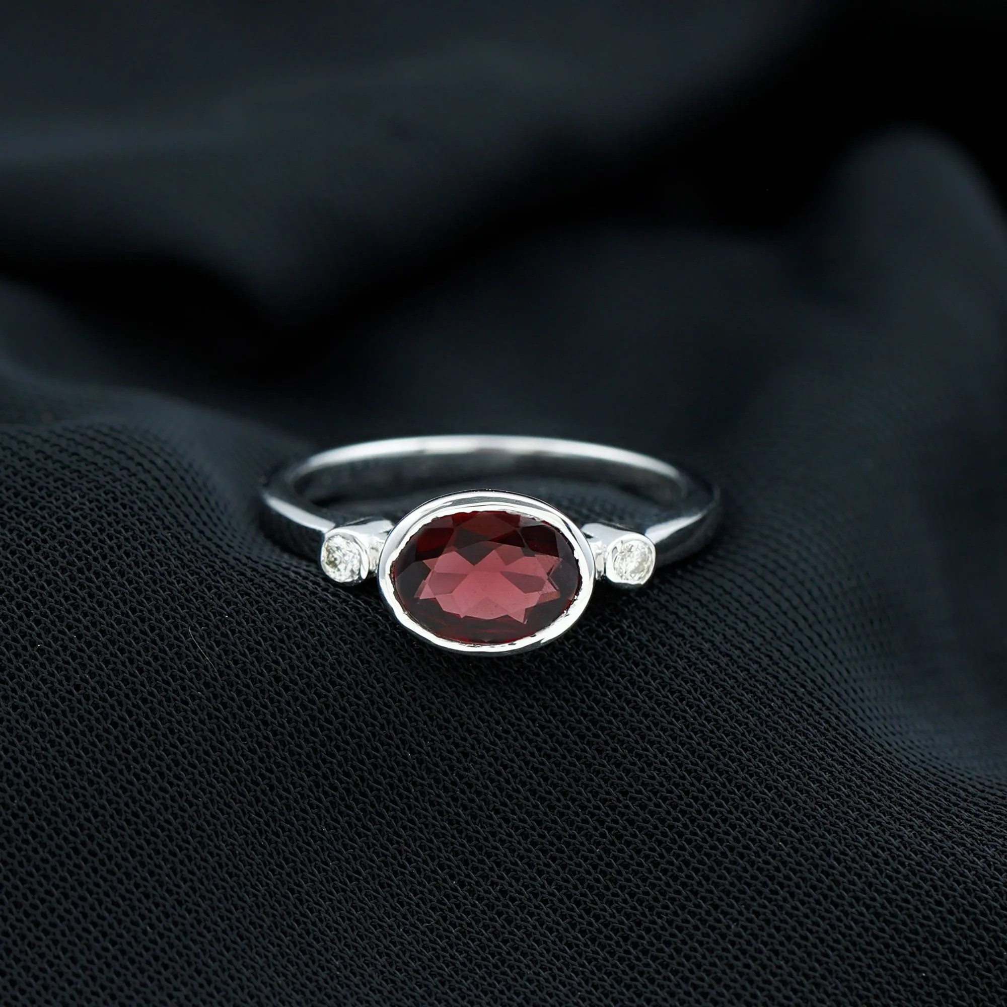 1.75 CT Oval Cut Rhodolite East West Ring with Diamond Stones