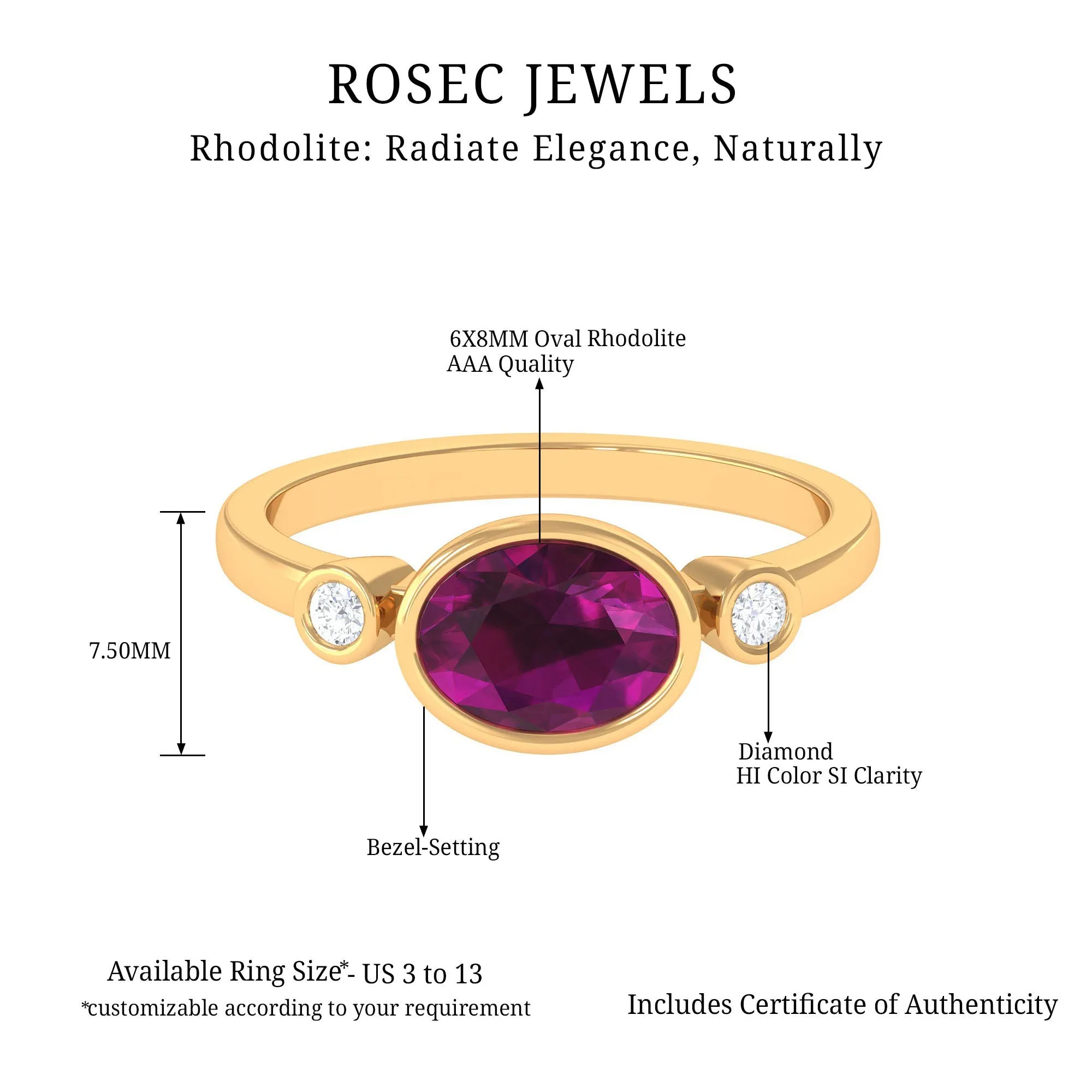 1.75 CT Oval Cut Rhodolite East West Ring with Diamond Stones
