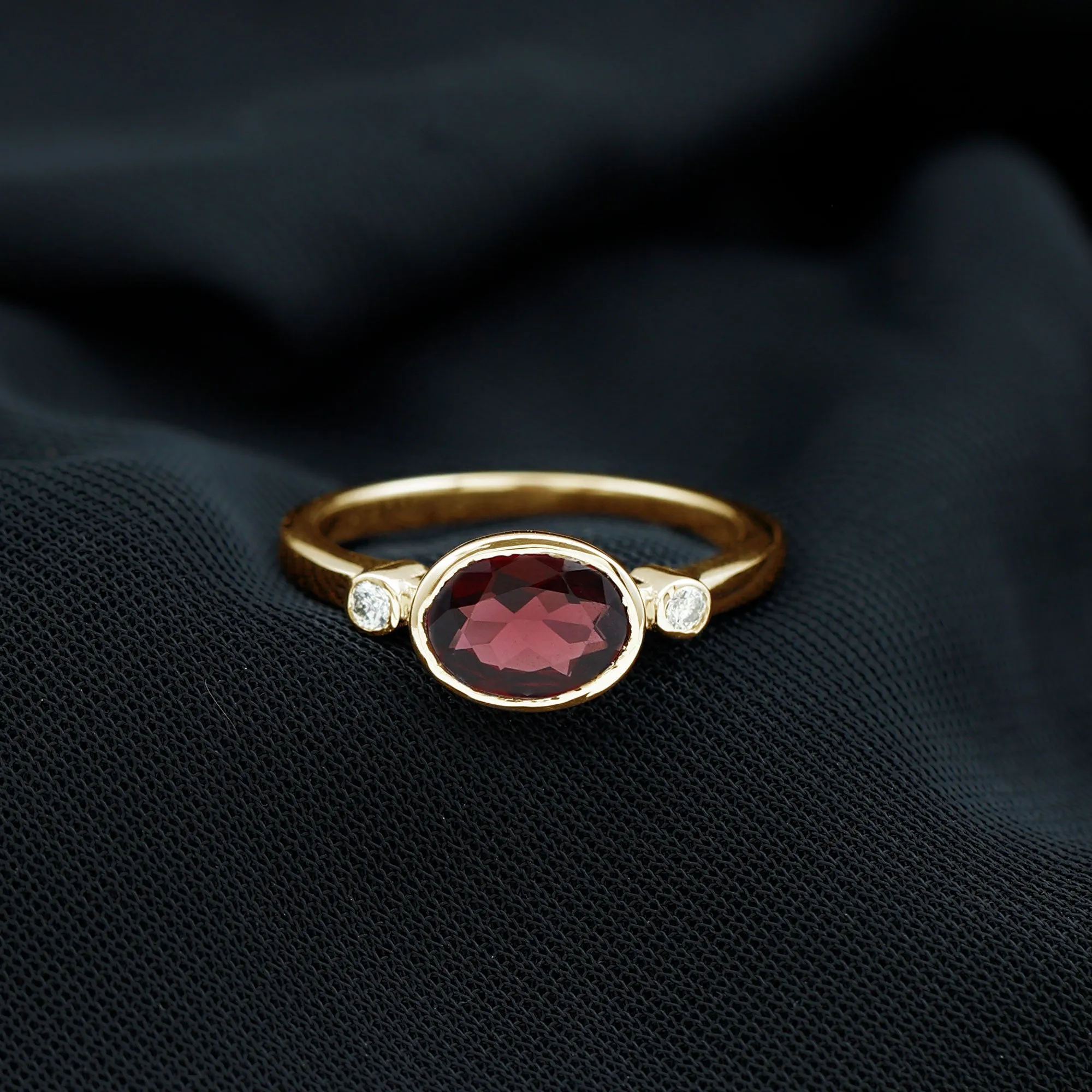 1.75 CT Oval Cut Rhodolite East West Ring with Diamond Stones
