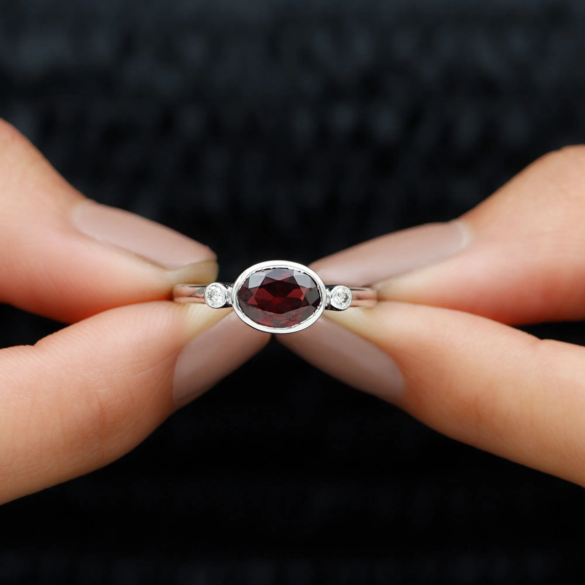 1.75 CT Oval Cut Rhodolite East West Ring with Diamond Stones