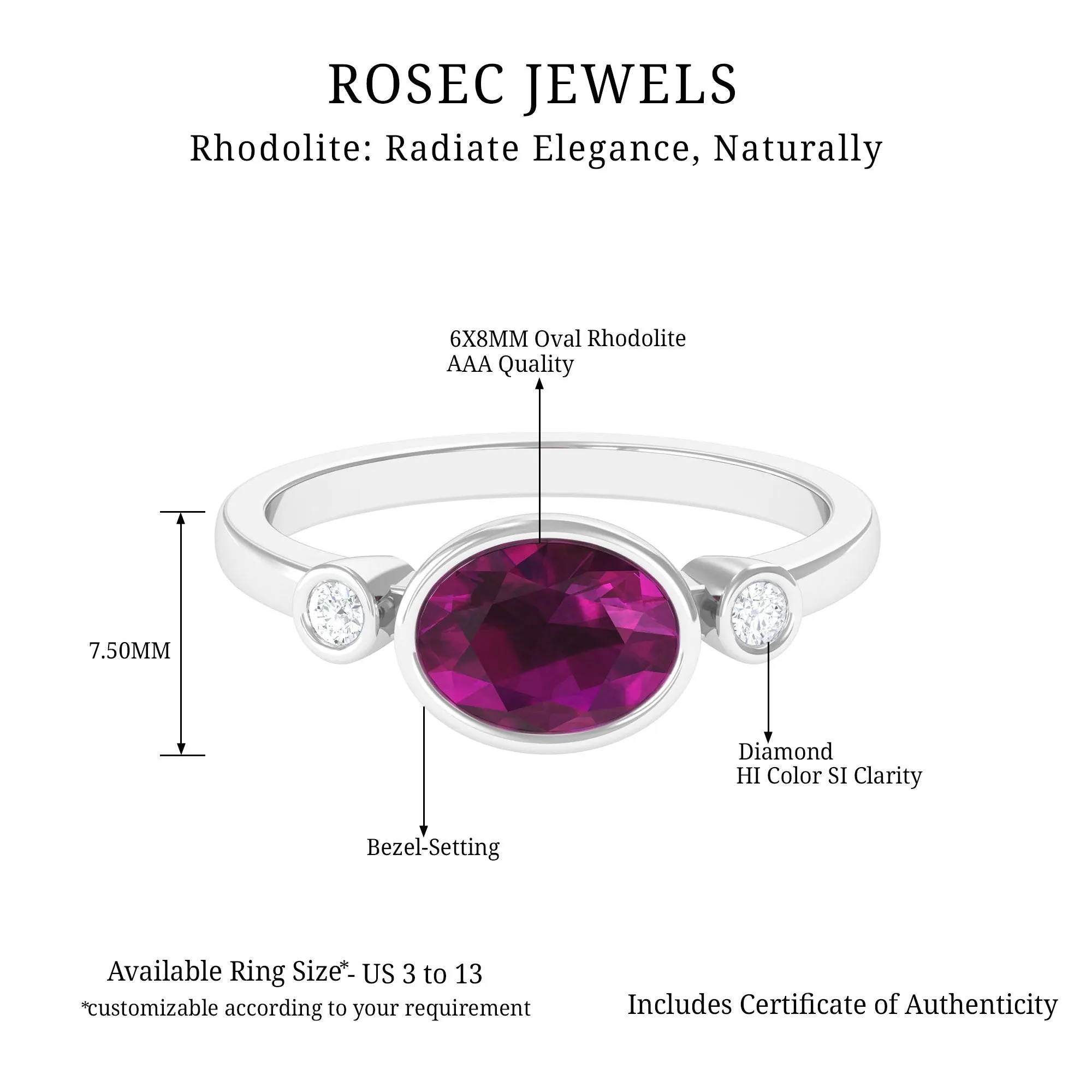 1.75 CT Oval Cut Rhodolite East West Ring with Diamond Stones