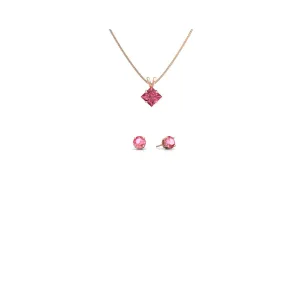 18K Rose Gold 1/2ct Pink Sapphire Princess Cut 18 Inch Necklace and Round Earrings Set Plated