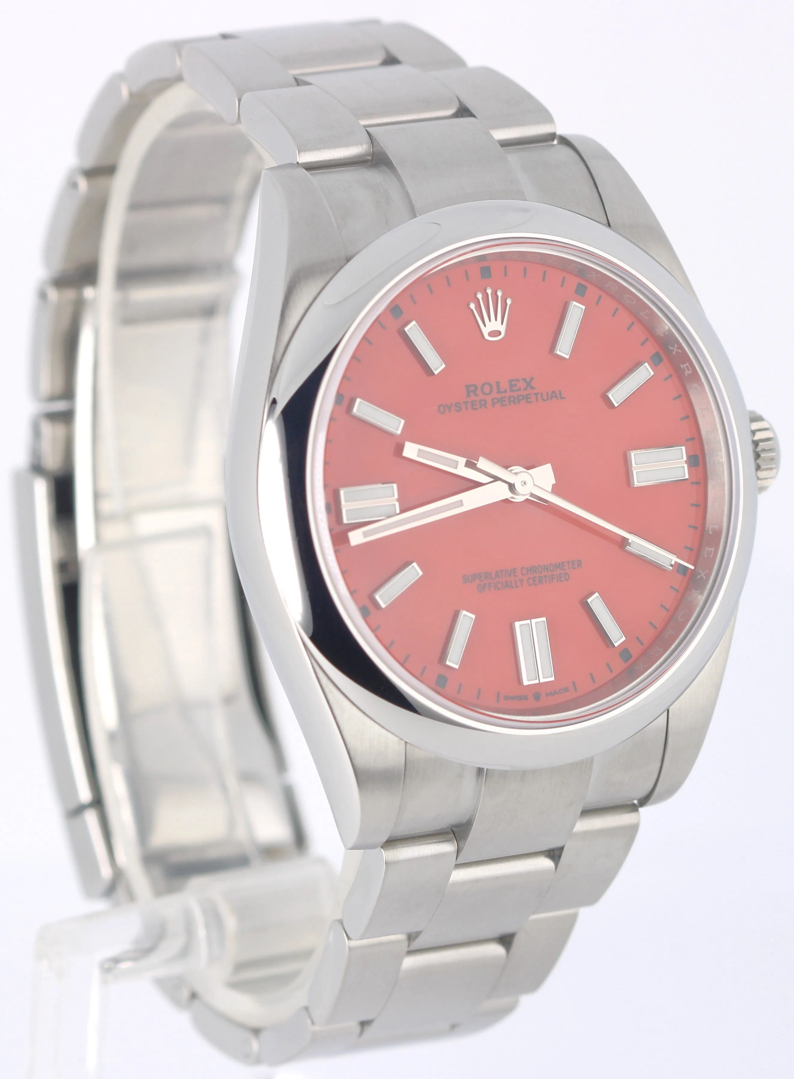 2021 PAPERS Rolex Oyster Perpetual Steel CORAL RED 41mm 124300 Watch BOX