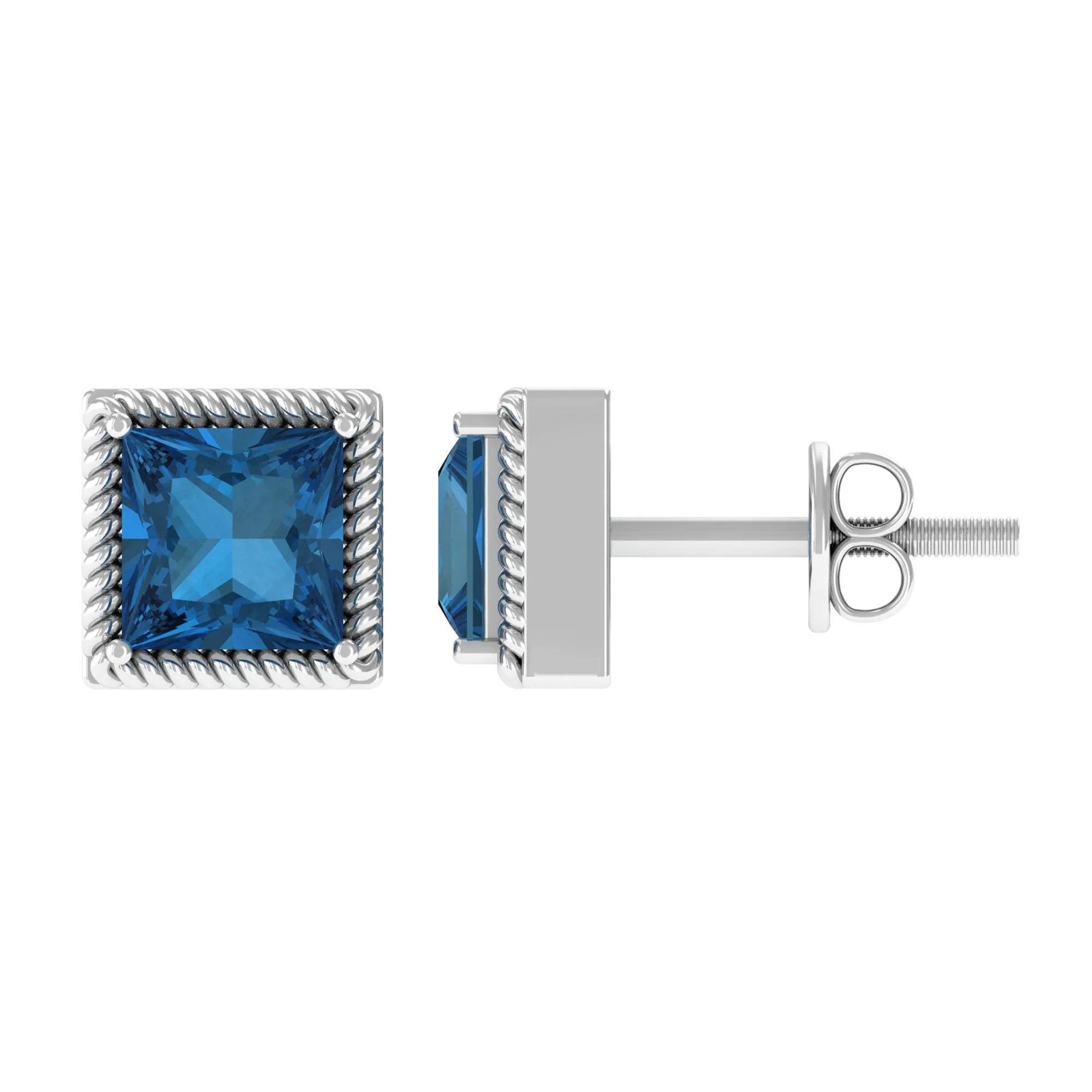 5 MM Princess Cut London Blue Topaz Solitaire Stud Earrings with Rope Frame Details
