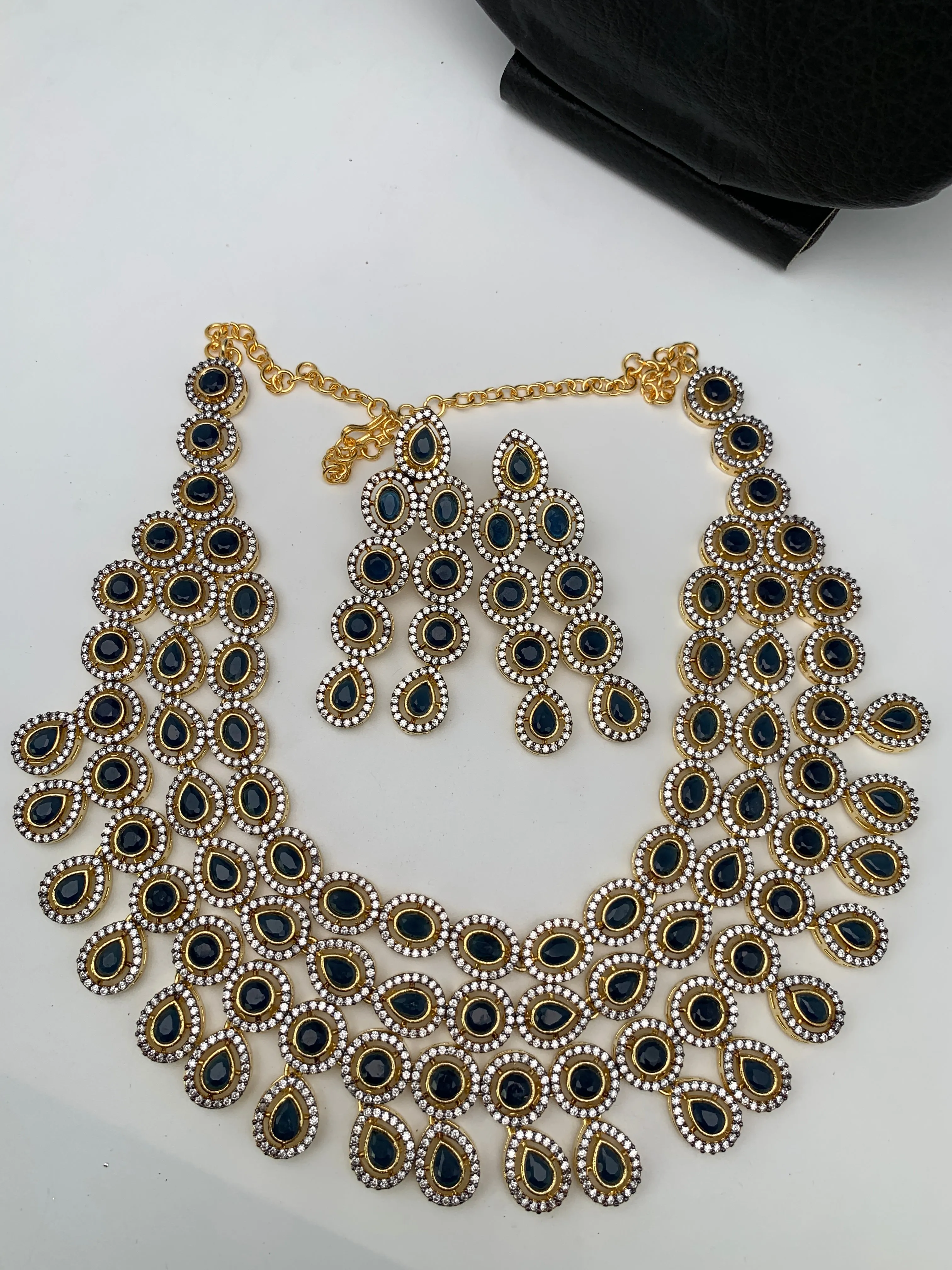 AD Blue Stone Triple Layer Short Necklace