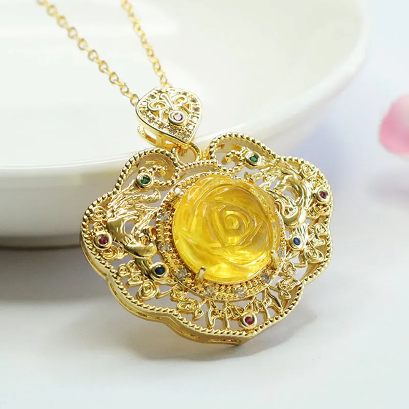Amber Flower Ruyi Pendant with Hollow Design