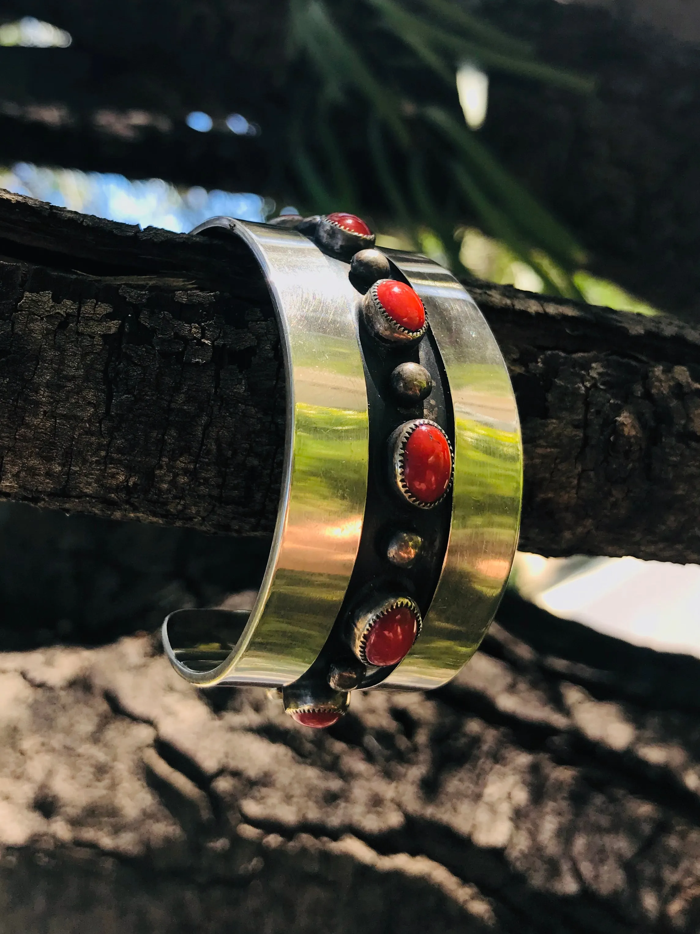 Antique Sterling Silver 925 Red Coral Cuff Bracelet