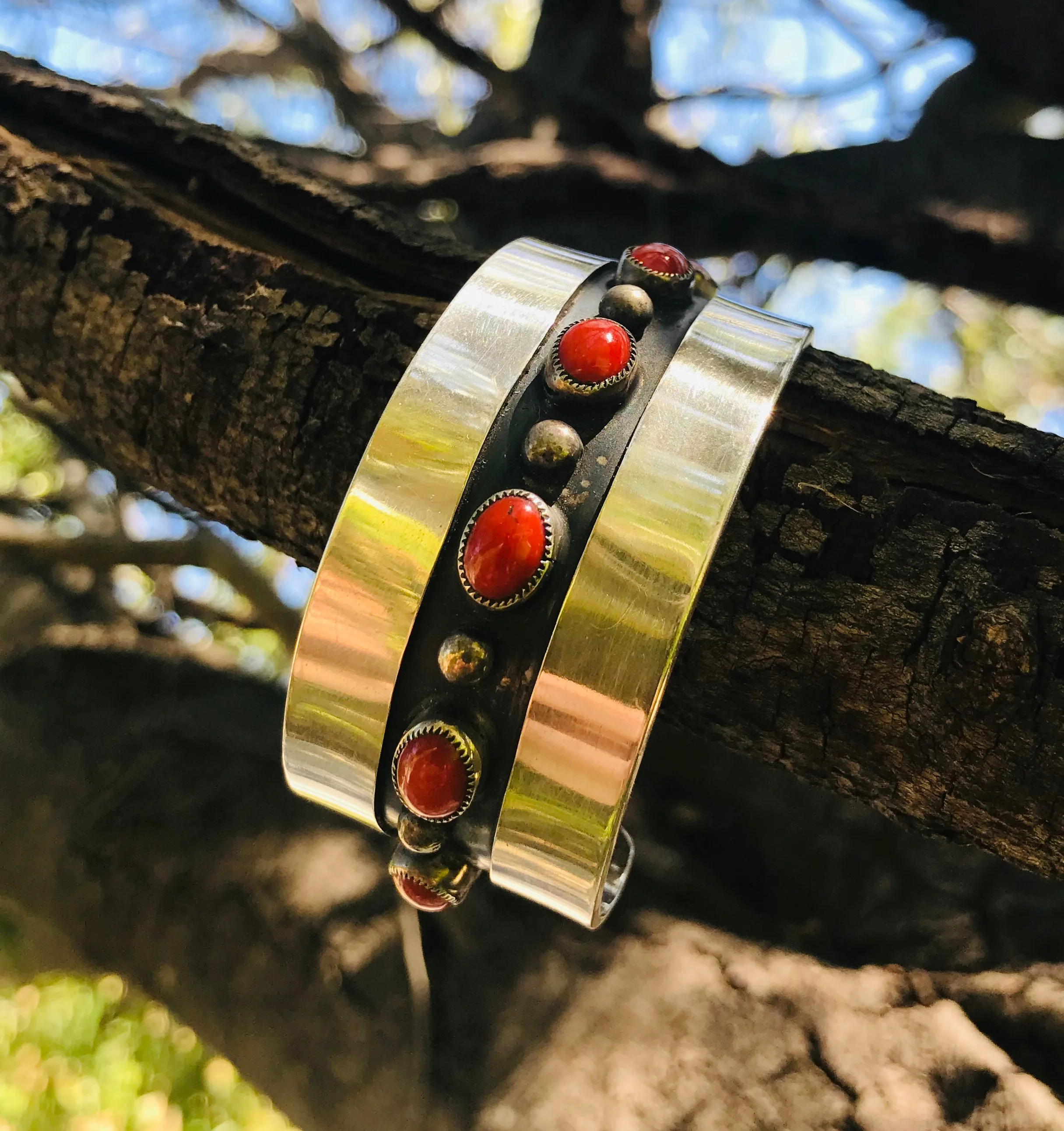 Antique Sterling Silver 925 Red Coral Cuff Bracelet