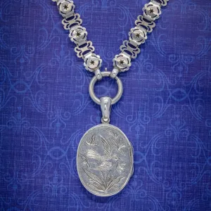 Antique Victorian Locket Collar Necklace Silver Dove Dated 1881
