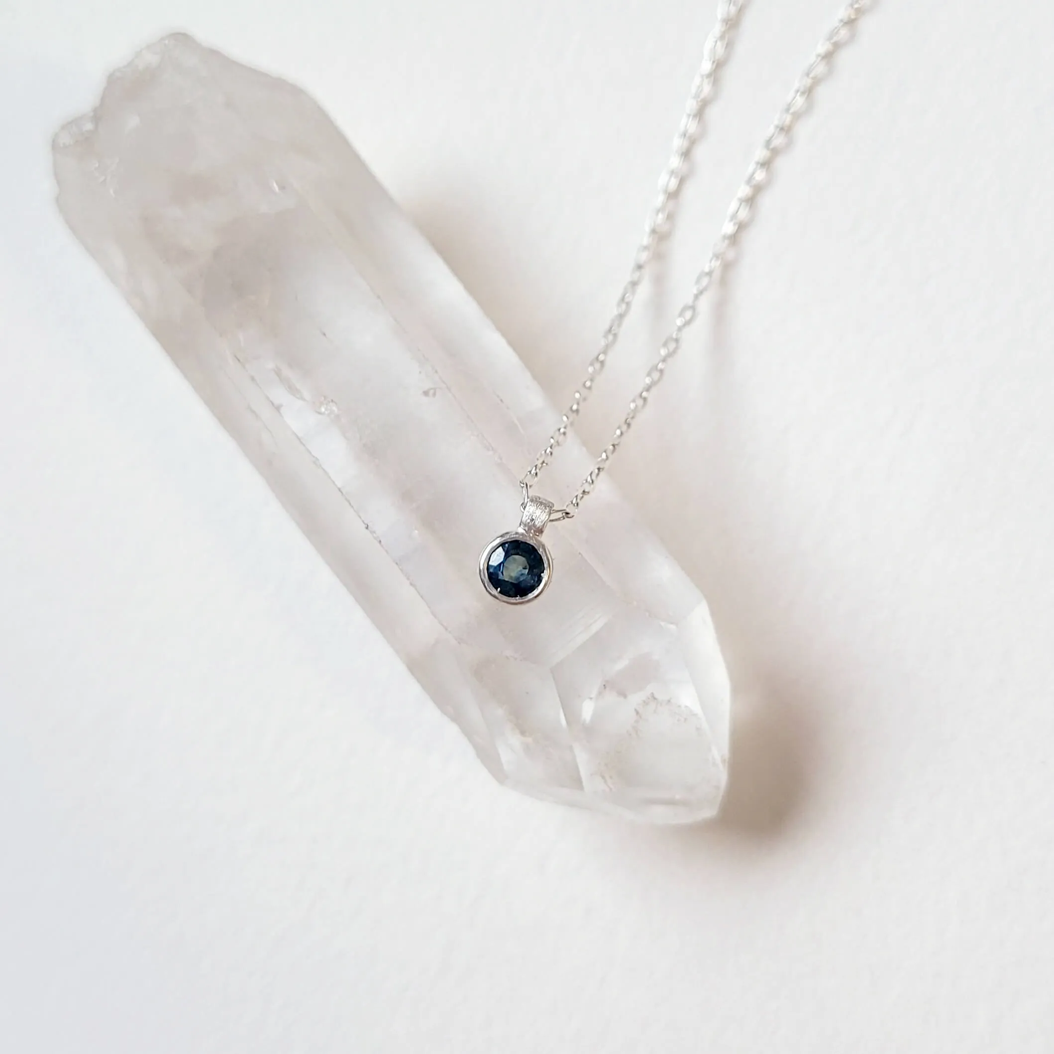 Blue Round Brilliant Sapphire and Sterling Silver Bezel Set Necklace