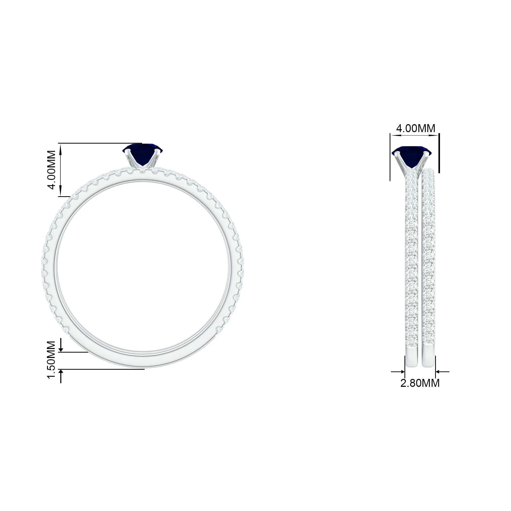 Blue Sapphire Solitaire and Diamond Simple Engagement Ring Set