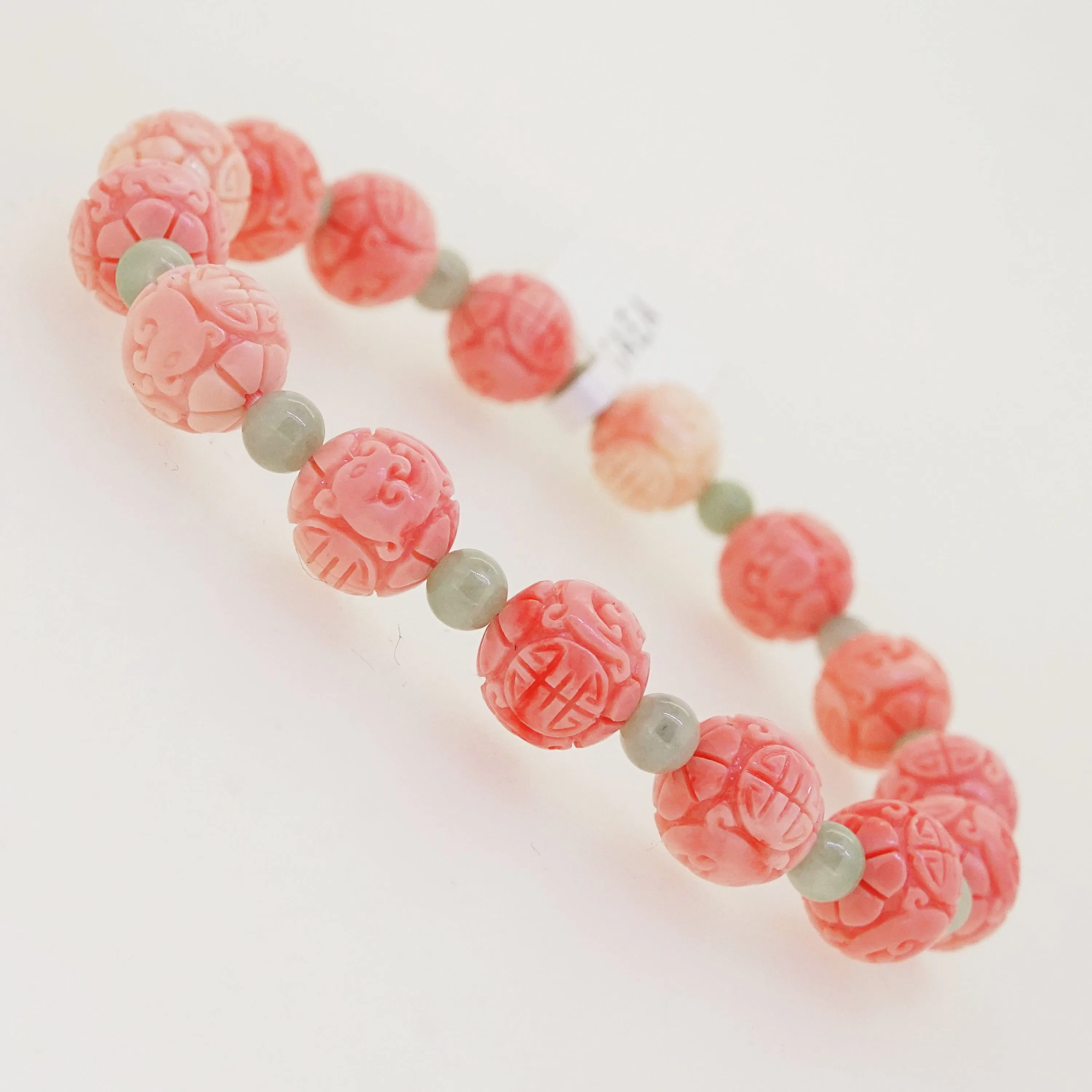 Carved Peach Japanese Coral with Burma Jade 4mm