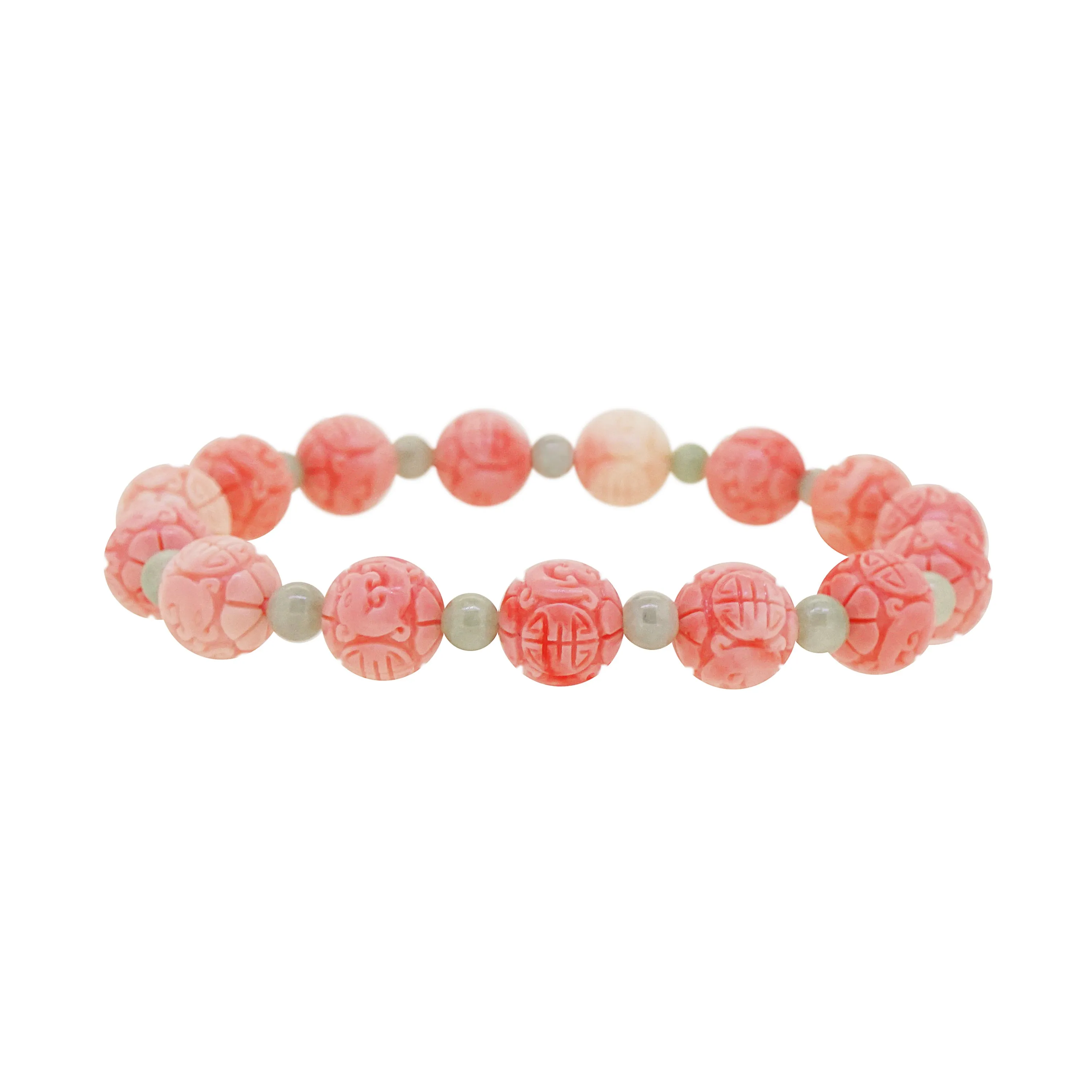 Carved Peach Japanese Coral with Burma Jade 4mm