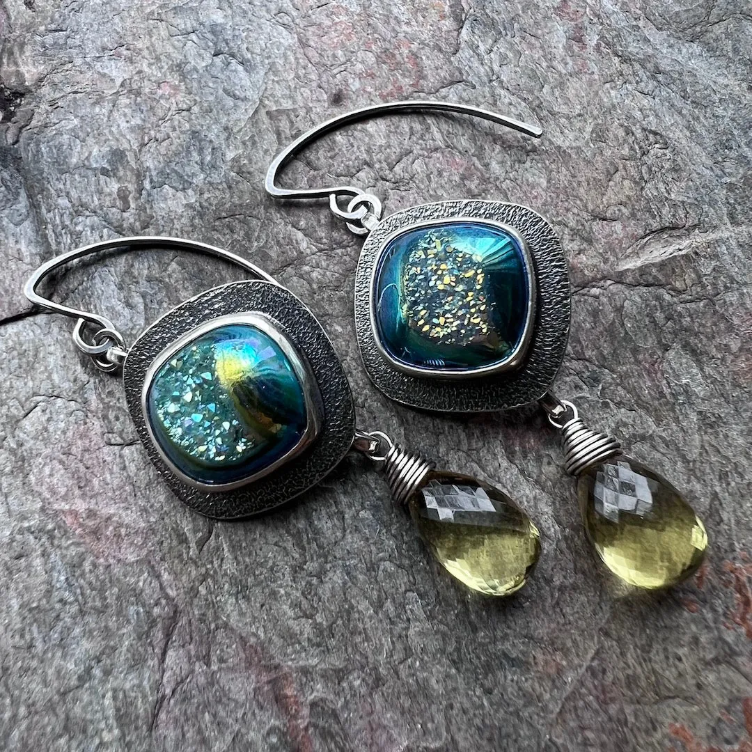 Druzy and Lemon Topaz Sterling Silver Earrings - Handmade One-of-a-Kind Earrings