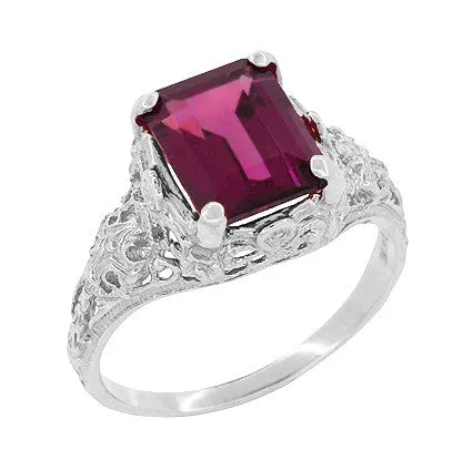 Filigree Emerald Cut Rhodolite Garnet Edwardian Engagement Ring in 14 Karat White Gold