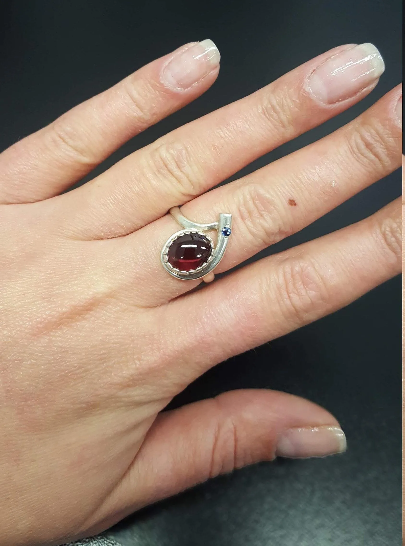 Garnet Ring - Silver Teardrop Ring - Two Stone Ring