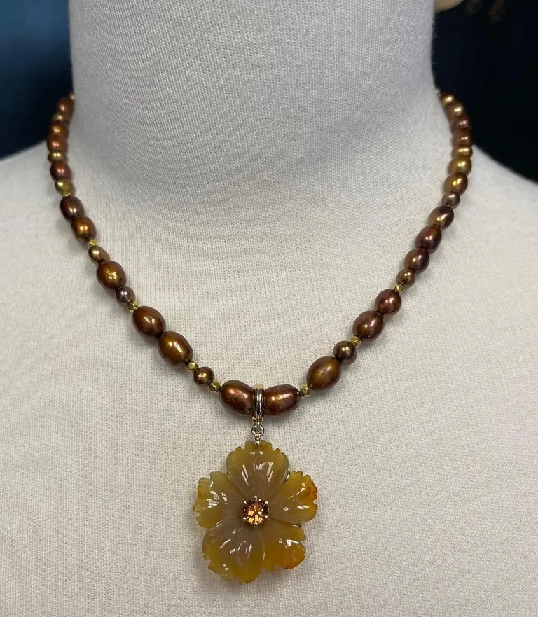 Hand Carved Agate Flower Enhancer and Freshwater Coffee Pearl Necklace