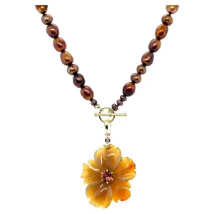 Hand Carved Agate Flower Enhancer and Freshwater Coffee Pearl Necklace