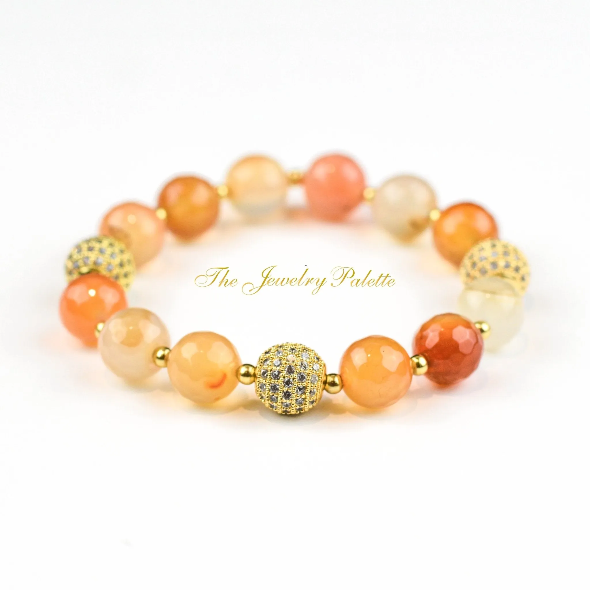 Maya agate and zircon studded gold beads stretch bracelets
