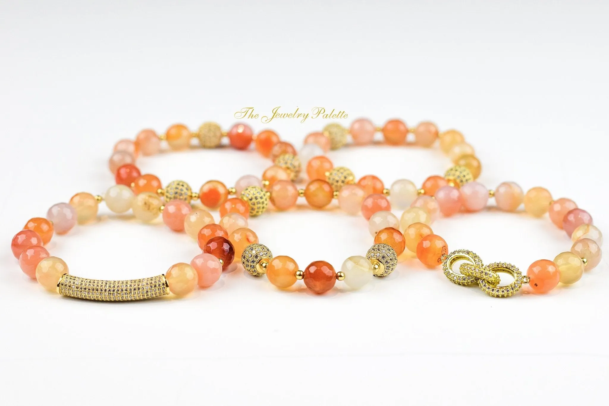 Maya agate and zircon studded gold beads stretch bracelets