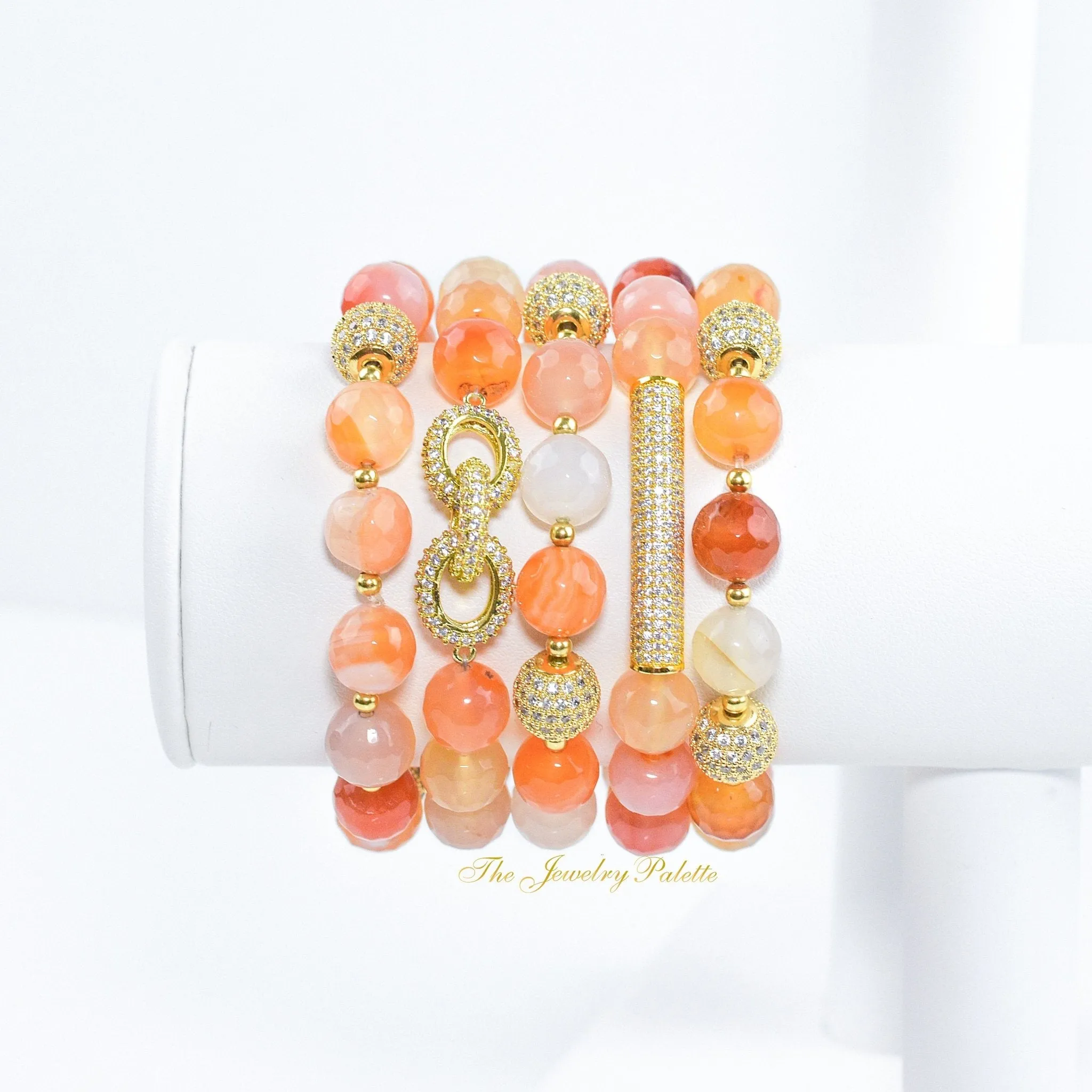 Maya agate and zircon studded gold beads stretch bracelets