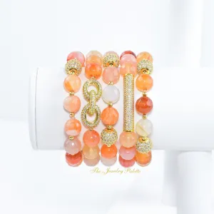 Maya agate and zircon studded gold beads stretch bracelets