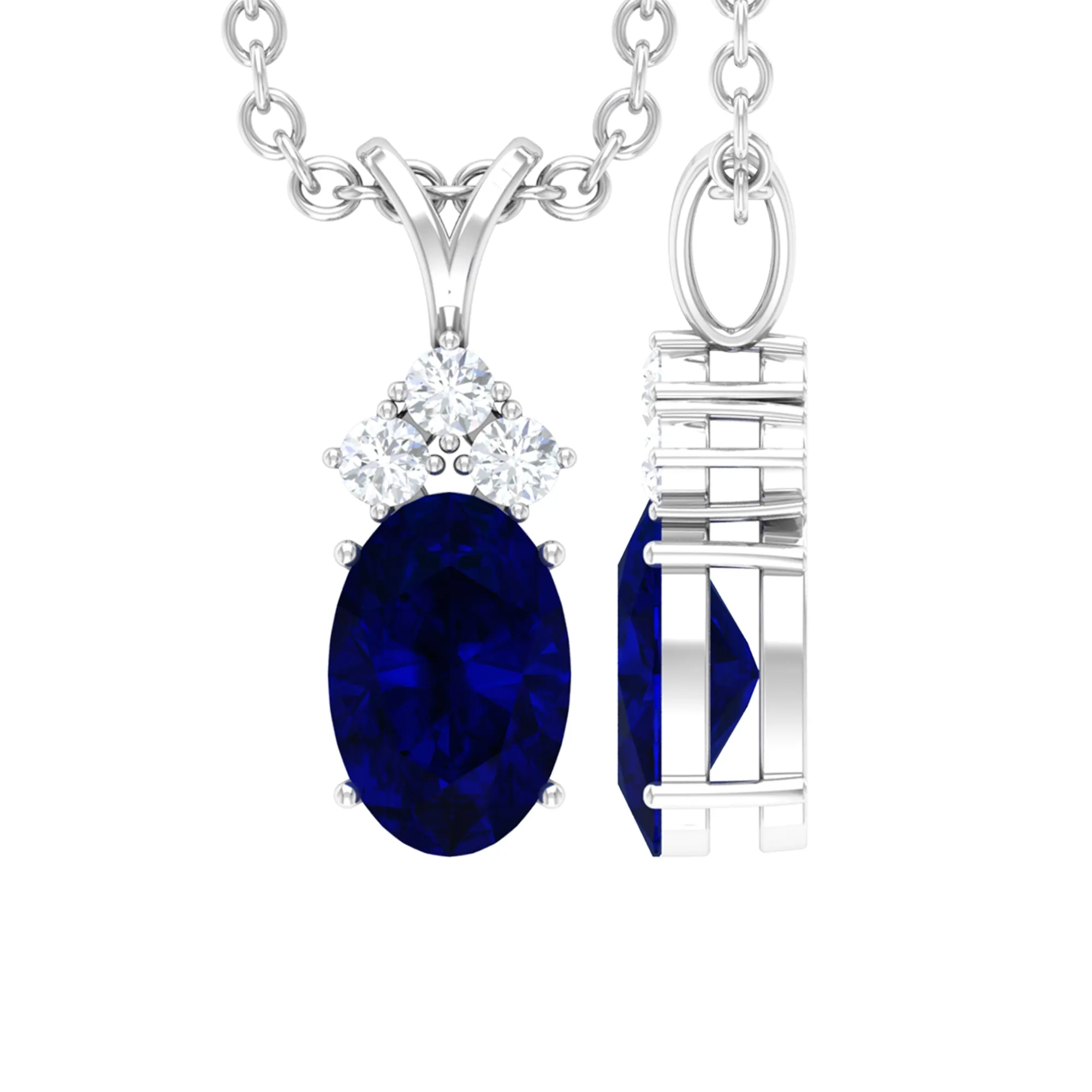 Minimal Oval Blue Sapphire Pendant with Diamond Stones