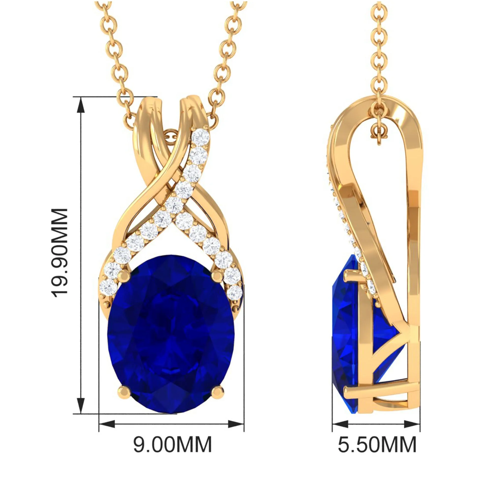 Oval Created Blue Sapphire Solitaire Pendant with Diamond Twisted Bail