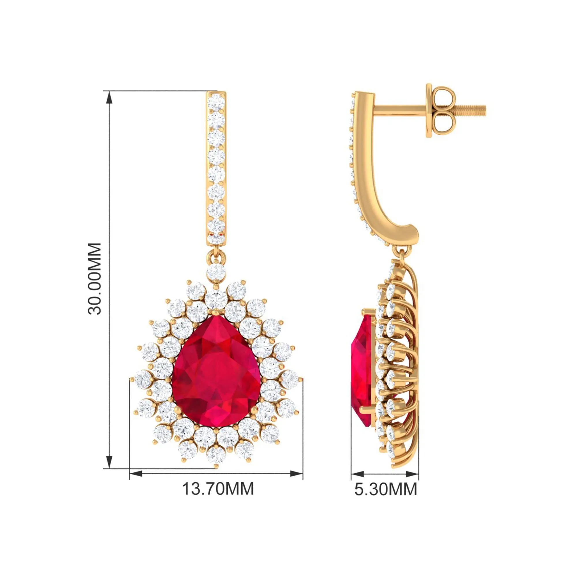 Pear Cut Created Ruby J Hoop Drop Earring with Moissanite Halo