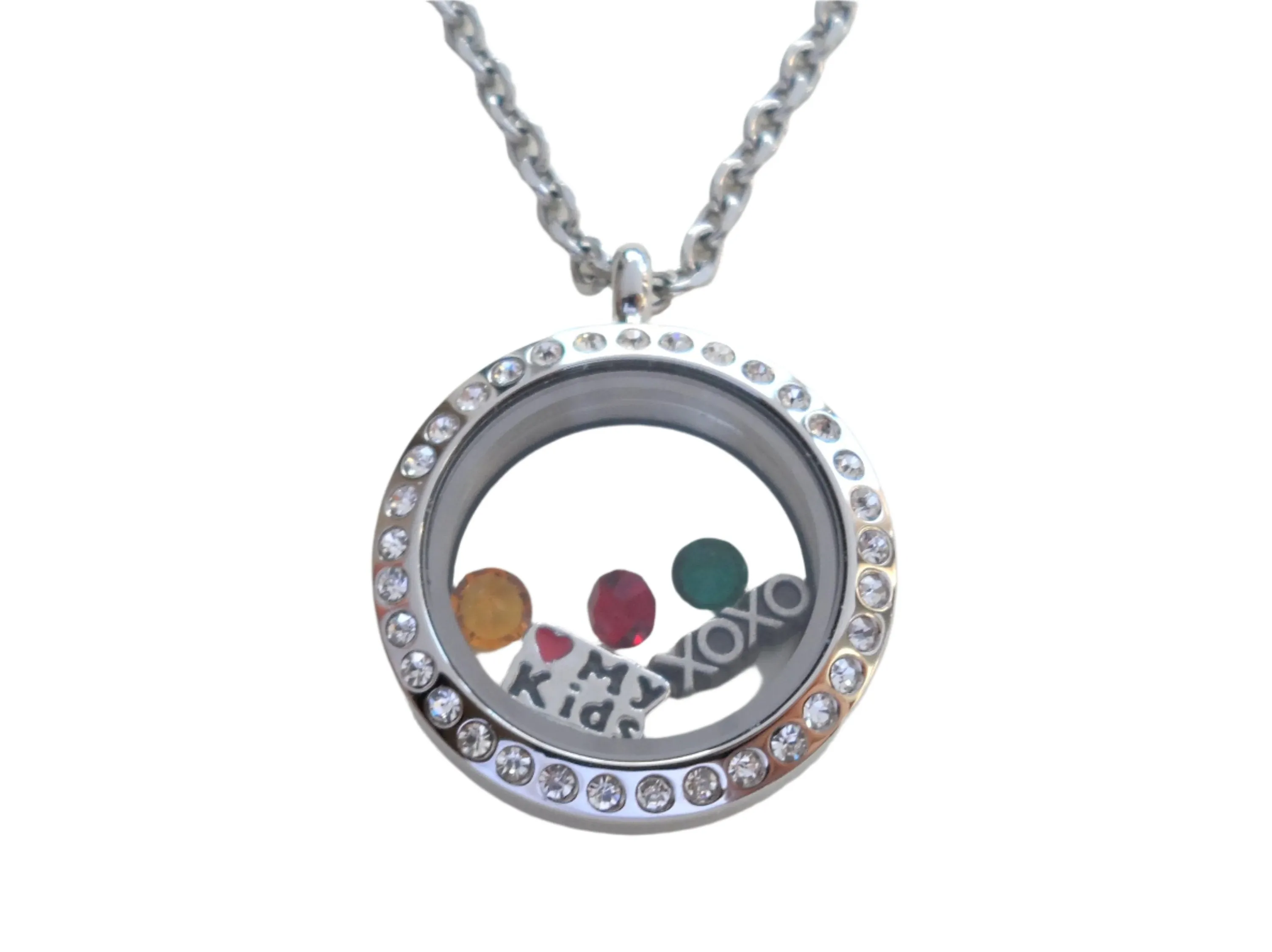 Personalized Medium Crystal Edge Circle Stainless Steel Floating Locket Necklace for Mother or Grandma - by Jewelry Everyday