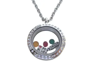 Personalized Medium Crystal Edge Circle Stainless Steel Floating Locket Necklace for Mother or Grandma - by Jewelry Everyday