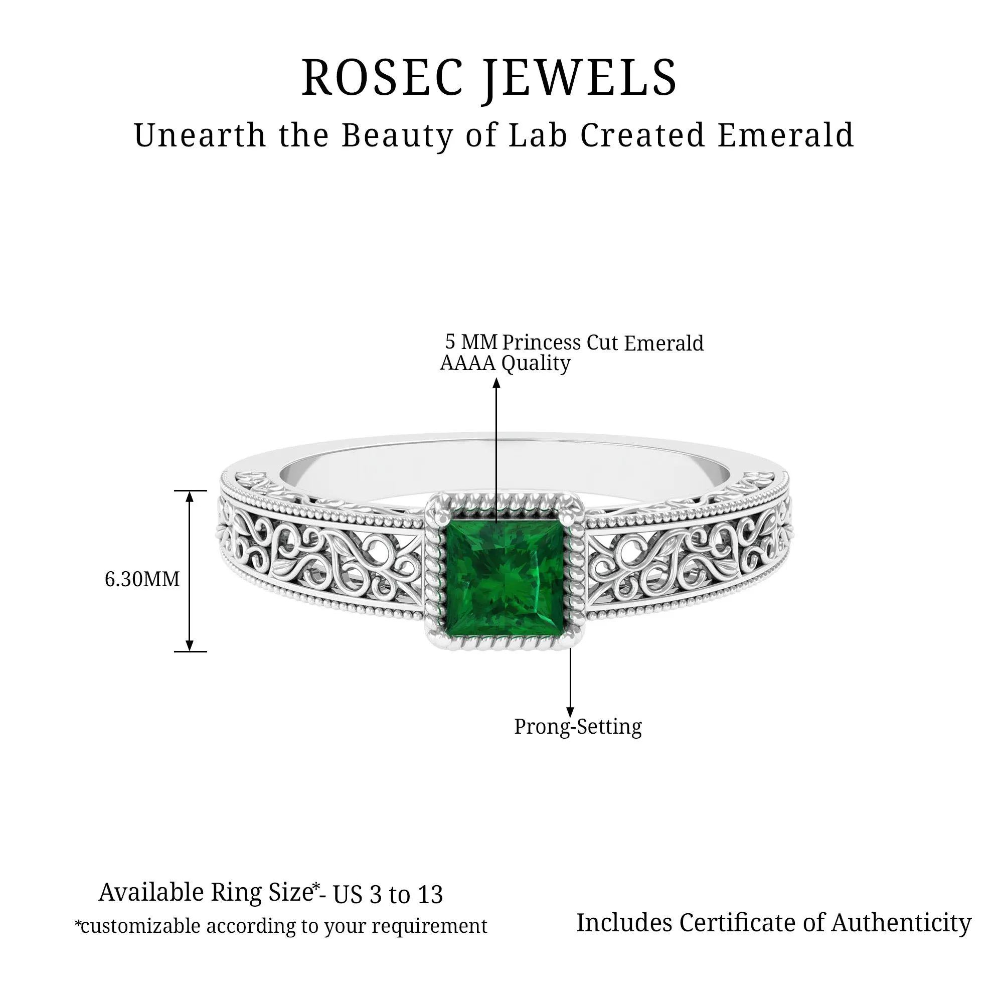 Princess Cut Lab Grown Emerald Solitaire Filigree Engagement Ring