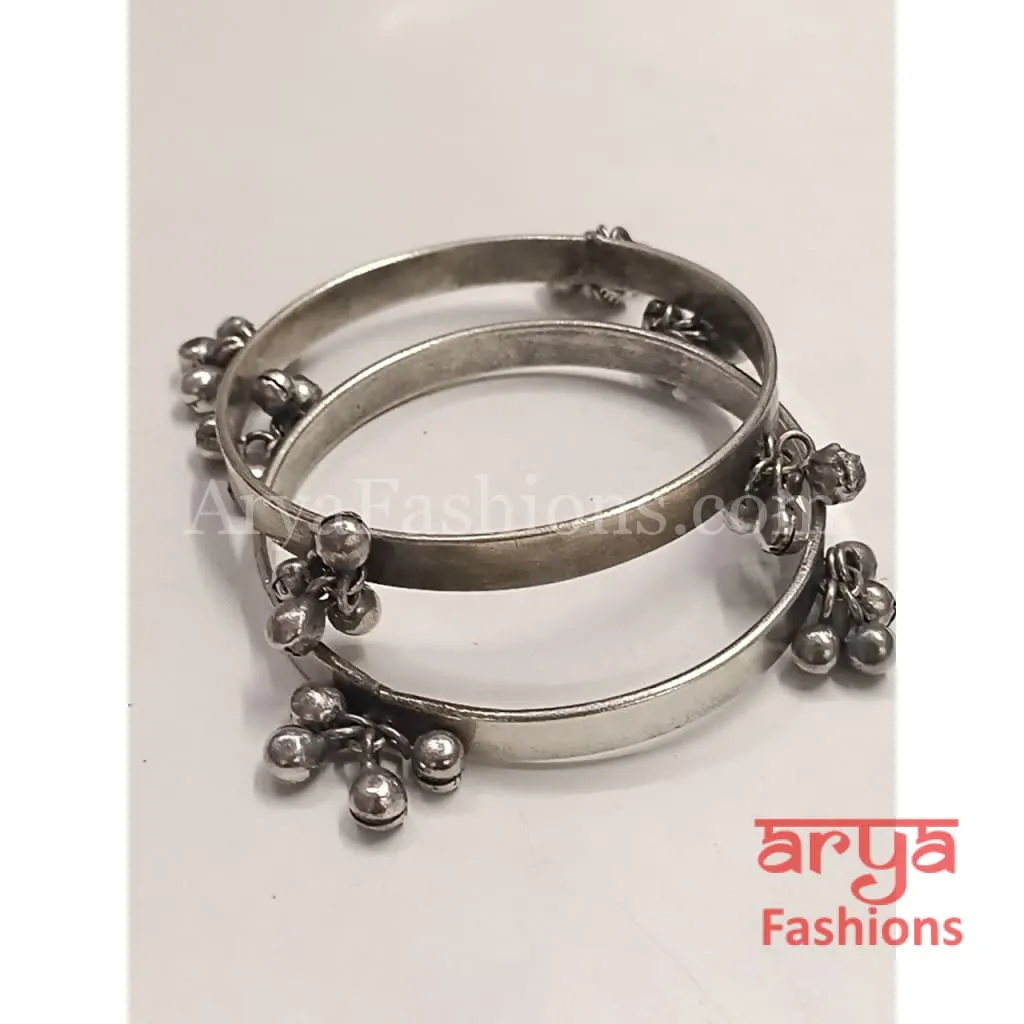 Silver Openable Oxidized Bangles with Silver Beads, Pair of 2 Bangles