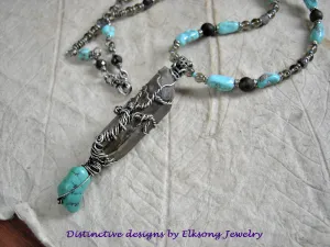 Smoky Quartz & Sterling Wire Wrap Tree Necklace, Morenci Turquoise