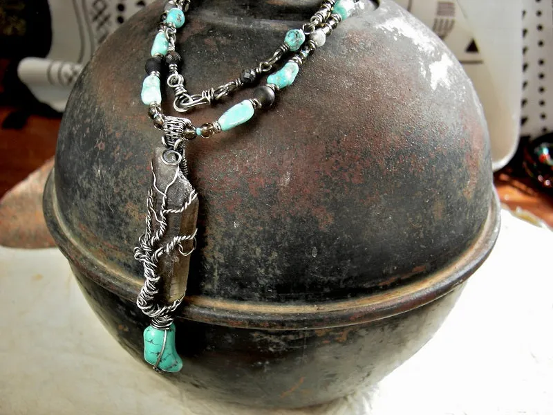 Smoky Quartz & Sterling Wire Wrap Tree Necklace, Morenci Turquoise