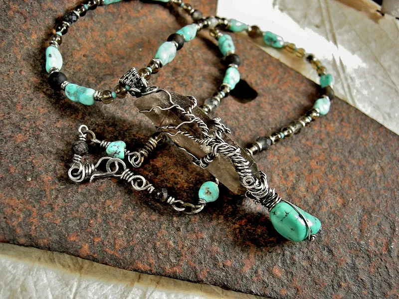 Smoky Quartz & Sterling Wire Wrap Tree Necklace, Morenci Turquoise