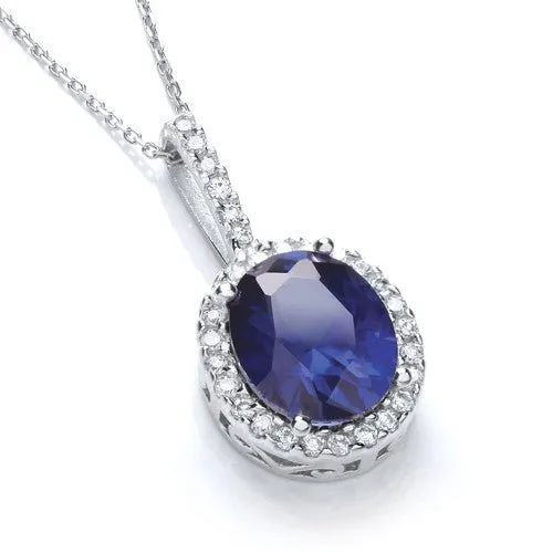 Sterling Silver Blue Sapphire Oval CZ Halo Necklace