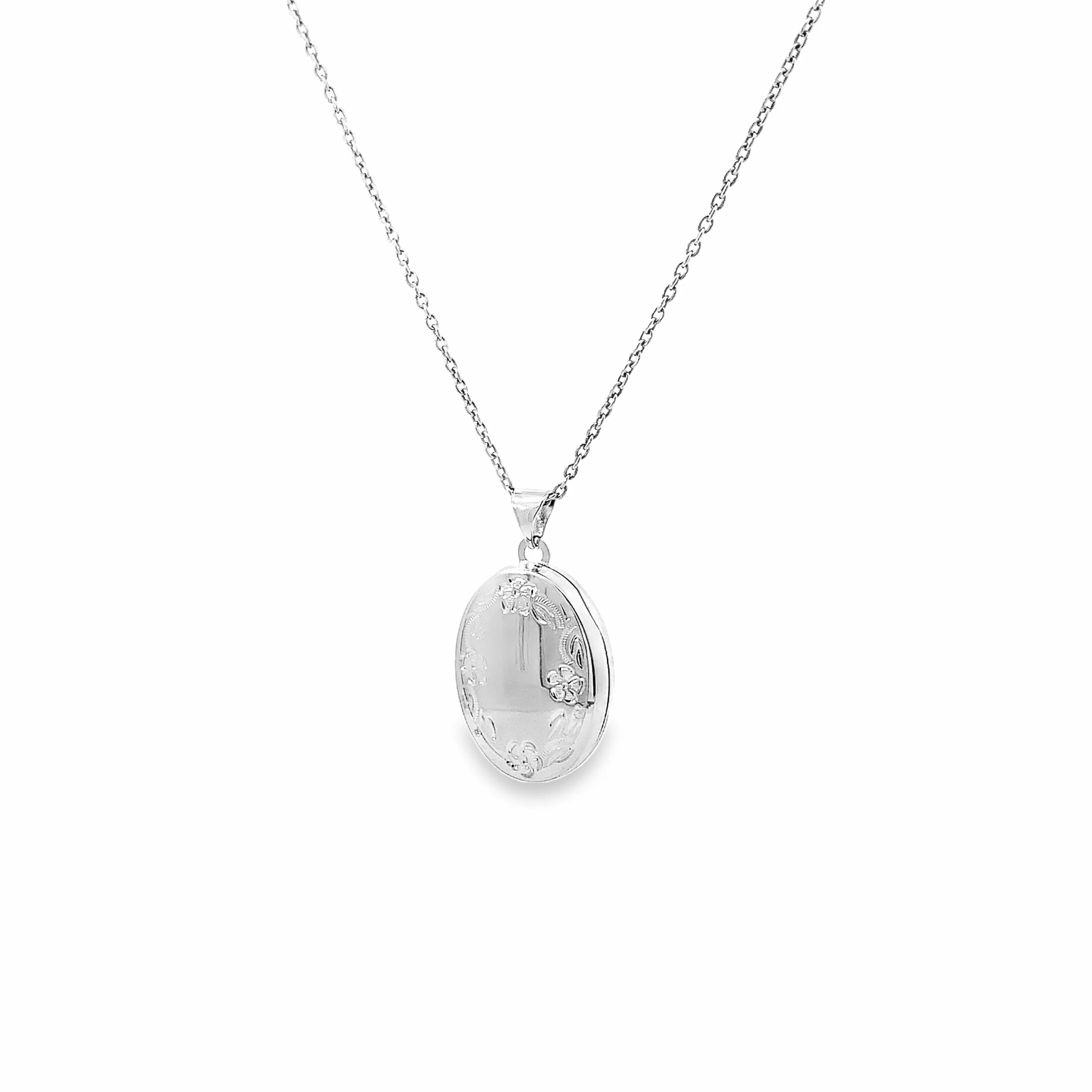 Sterling Silver Floral Oval Locket Necklace