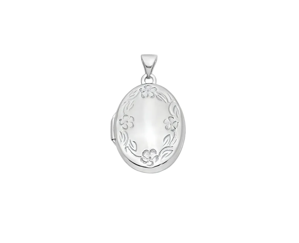 Sterling Silver Floral Oval Locket Necklace