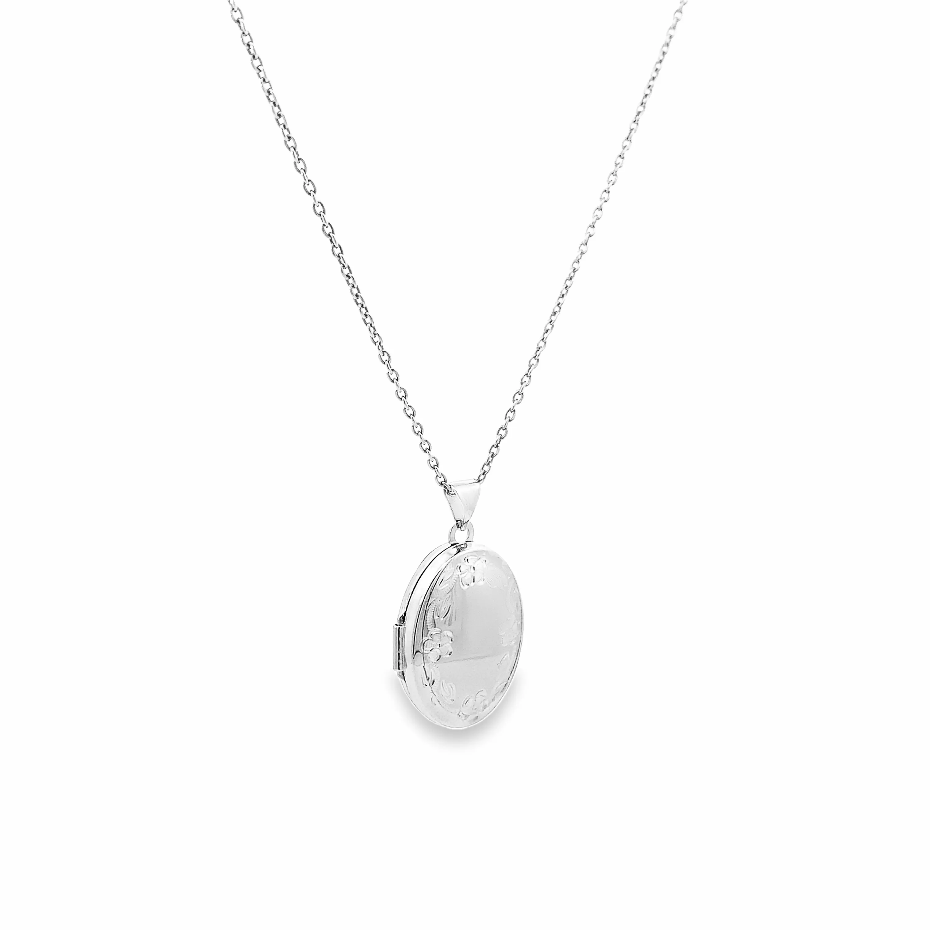 Sterling Silver Floral Oval Locket Necklace