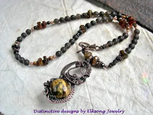 Tiger Eye & Copper Wire Wrap Art Necklace, Dark Smoky Gemstone