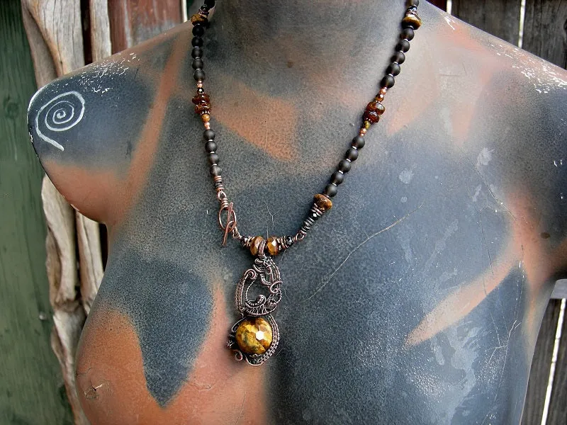 Tiger Eye & Copper Wire Wrap Art Necklace, Dark Smoky Gemstone