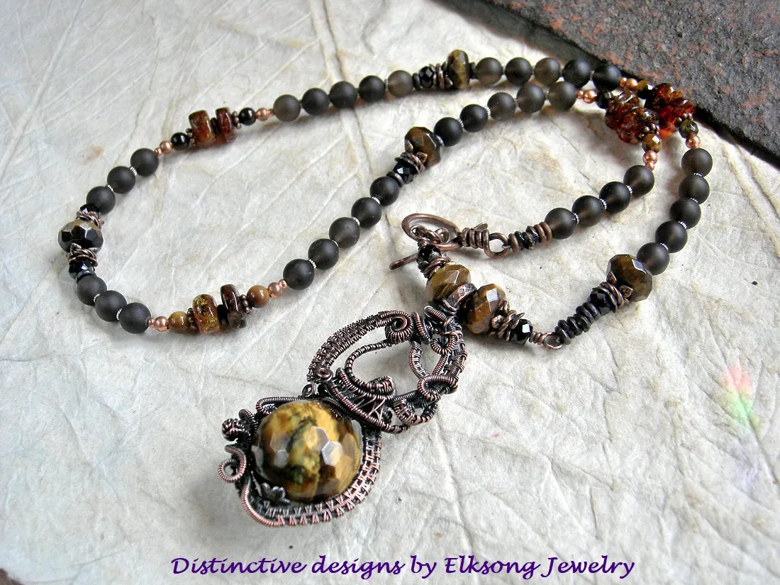 Tiger Eye & Copper Wire Wrap Art Necklace, Dark Smoky Gemstone