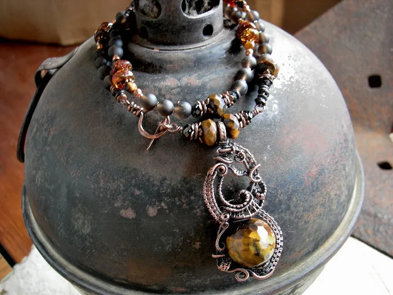 Tiger Eye & Copper Wire Wrap Art Necklace, Dark Smoky Gemstone