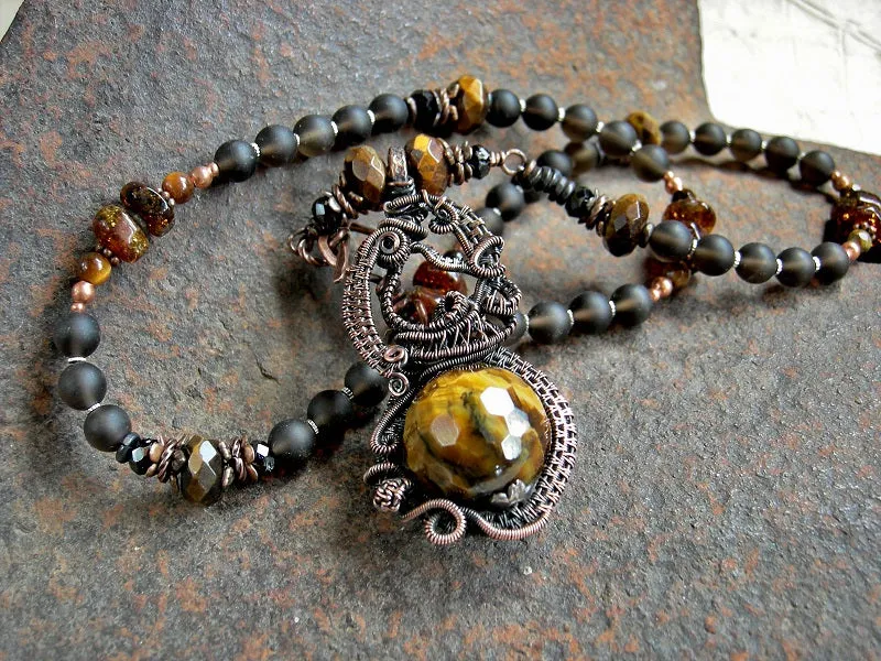 Tiger Eye & Copper Wire Wrap Art Necklace, Dark Smoky Gemstone